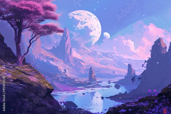 Fototapeta landscape with moon and stars