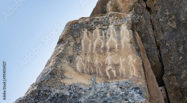 Obraz The dance of primeval people. Ancient rock carvings petroglyphs in Gobustan National park. Gobustan petroglyphs are listed by UNESCO as World Heritage. Gobustan near Baku, Azerbaijan.