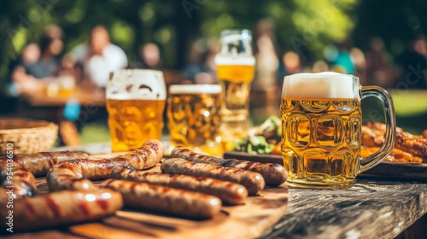 Obraz Oktoberfest Outdoor Table with Grilled Sausages and Beer Mugs