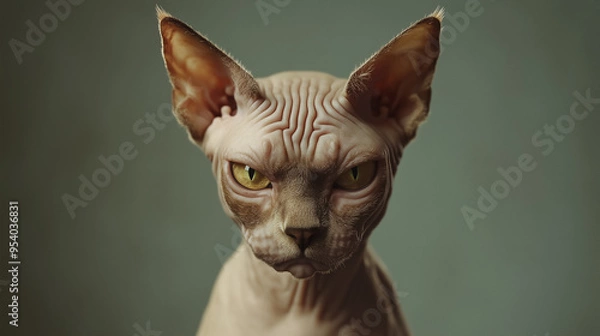 Fototapeta Close-up image of a Sphynx cat with a serious, intense expression, with prominent wrinkles, large ears, and striking eyes