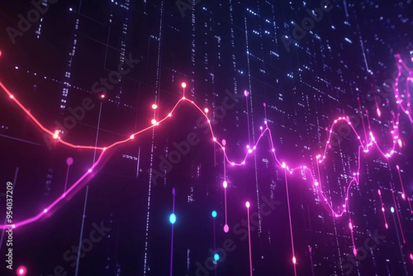 Fototapeta A futuristic line graph in a dark space, with neon lights and pulsing nodes representing data points