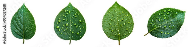 Obraz Four fresh green leaves covered with morning dew, displaying detailed texture and color on a transparent background