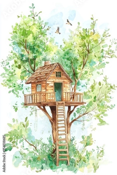 Fototapeta Watercolor painting of a charming treehouse nestled among lush green foliage with birds flying above. Perfect for nature lovers.
