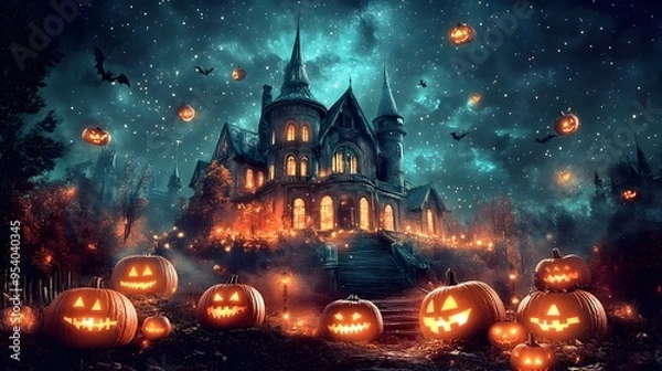 Fototapeta Haunted mansion perched on a hill under a sky filled with twinkling stars surrounded by glowing pumpkins and swirling ethereal fog capturing the eerie spirit of the Halloween season
