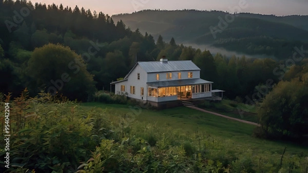 Fototapeta cozy farmhouse on hillside with greenhouse, white wooden facade of village house and forest at dawn,