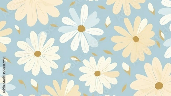 Fototapeta A floral pattern featuring large light-colored flowers on a soft blue background, ideal for textiles or wallpapers.