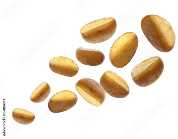 Fototapeta Falling fried Potato wedges, full depth of field, png isolated on white background