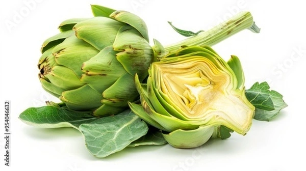 Fototapeta Fresh artichoke on white background. This image showcases the vibrant green color and intricate layers of the artichoke. Perfect for food blogs, cooking recipes, and healthy eating promotions. AI