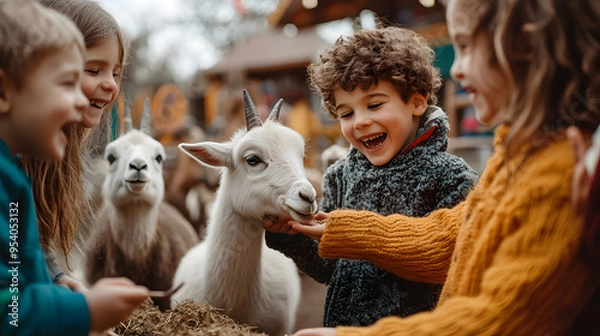 Fototapeta A family visiting a petting zoo children excitedly feeding animals.