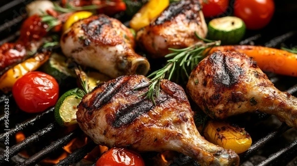 Fototapeta Grilled chicken leg with veggies