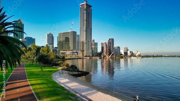 Fototapeta Aerial view of Perth skyline at sunset from Swan River