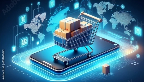 Obraz Illustration of a miniature shopping cart placed on a smartphone, filled with branded product boxes, in an abstract environment representing global connectivity. Generative AI