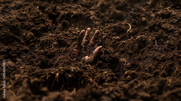 Obraz A hand coming out of the dirt reaching up buried alive zombie Halloween