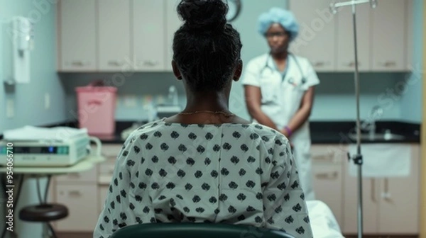 Fototapeta A Black woman in a hospital gown sits on a medical table, facing away from the camera, as a doctor stands in front of her.