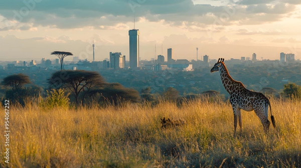 Fototapeta Nairobis skyline with the Nairobi National Park and wildlife in the foreground.