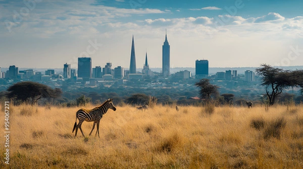 Fototapeta Nairobis skyline with the Nairobi National Park and wildlife in the foreground.