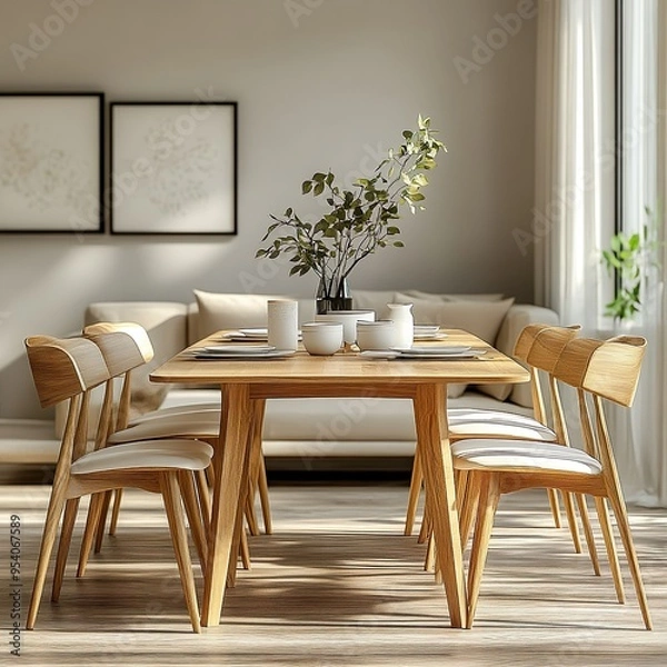 Fototapeta Stylish wooden dining table paired with elegant chairs in a modern setting pictures