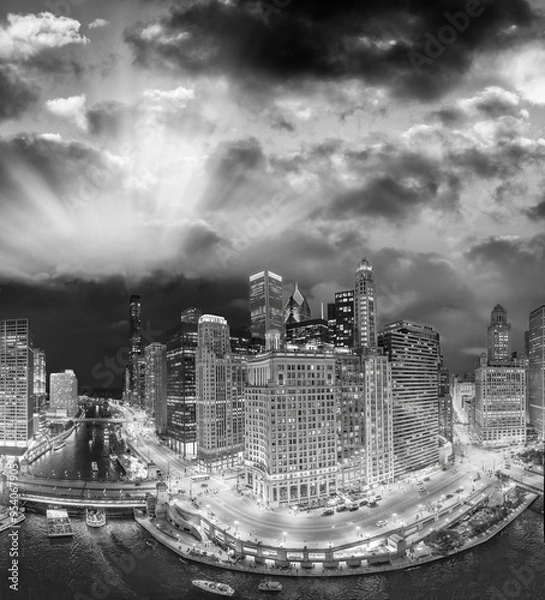 Fototapeta Black and white aerial view of Chicago skyline along Chicago River on a summer night