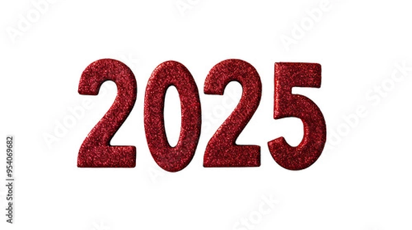 Fototapeta New Year 2025 celebration with red glittering number isolated on transparent background. Festive holiday concept