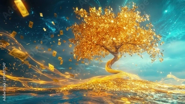 Fototapeta Flowing money ribbons from a beautiful gold tree, against a dynamic and vibrant futuristic background, creating a stunning visual