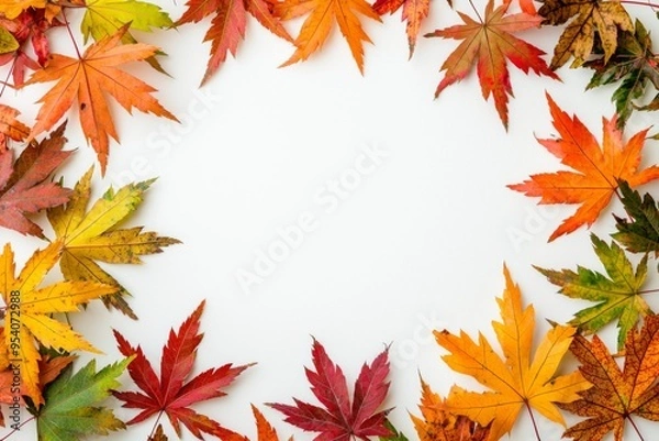 Fototapeta Autumn Maple Leaves Flat Lay White Background created with Generative AI