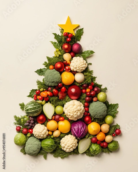 Obraz Christmas tree made of vegetables and fruits isolated on beige background. Minimal creative concept of healthy food. Xmas holiday decoratioration. New Year greeting or gift card.