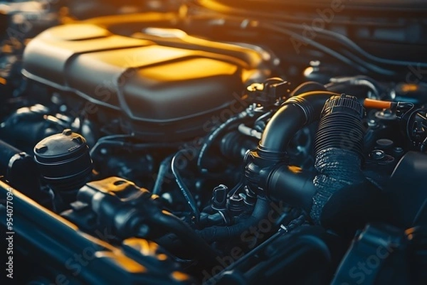 Obraz Modern car engine compartment with components in warm light