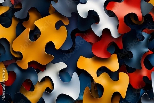 Fototapeta Vibrant and colorful abstract background featuring puzzle pieces in various shades of red, blue, yellow, orange, gray, white, black, and silver