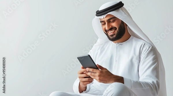 Obraz Saudi Arab Man using mobile phone, isolated background 
