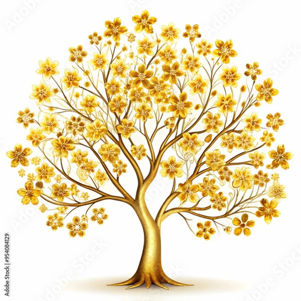 Obraz a tree with gold flowers with white background