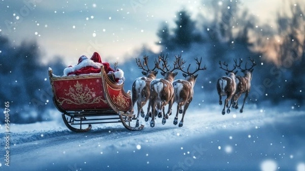 Fototapeta Santa Claus rides a sleigh pulled by reindeer through a snowy landscape during twilight in winter