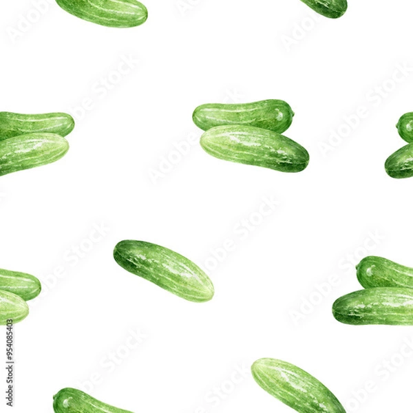 Fototapeta A Watercolor Seamless Pattern Featuring Fresh Cucumbers Accompanied by Vibrant Flowers on a White Background