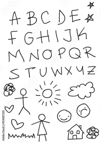 Fototapeta Realistic children pencil handwriting and sketch drawings isolated