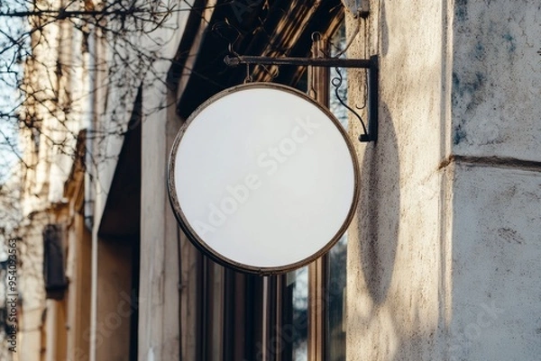 Fototapeta Empty white circular iron shop sign on wall of downtown cafe / bookstore in hipster area - storefront identity - urban retail space - mockup design