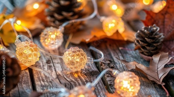 Fototapeta A string of small, acorn-shaped fairy lights 