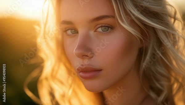 Fototapeta A close-up portrait of a young blonde woman with light skin, captured in warm, golden sunlight