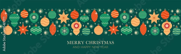 Fototapeta  Christmas seamless decorative border with red, gold and green various vintage tree ornaments on dark green background.