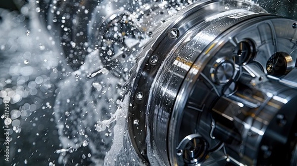 Fototapeta High-Precision Metalworking Process with Cooling Fluid Spraying on a Rotating Machine Component