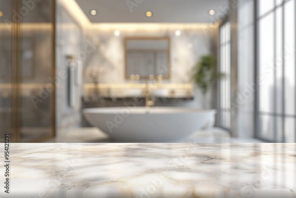Obraz Empty marble table top with blurred bathroom interior background
