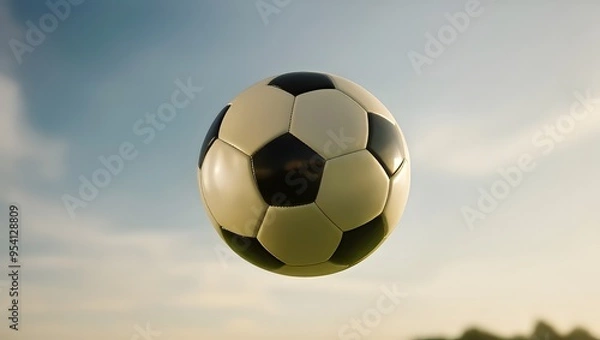 Obraz A soccer ball soars through the air, captured mid-flight against a clear blue sky. GENERATIVE AI