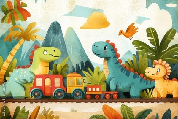 Fototapeta cute illustration of Happy dinosaurs playing with toy trains and cars in a playful, prehistoric world 