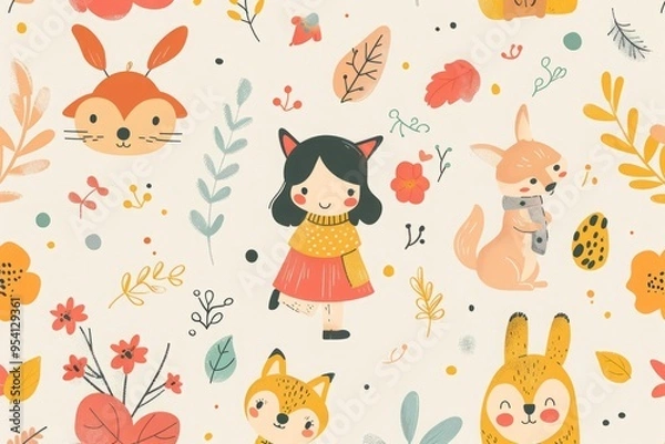Fototapeta The children's illustration style features colorful patterns with dreamy illustrations, creating an overall soft color scheme. 