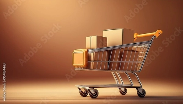 Obraz Illustration of shopping cart and cardboard boxes, business idea for home purchase and delivery service. Generative AI
