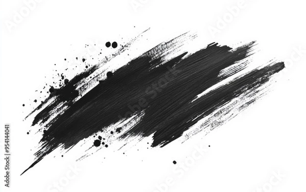 Fototapeta Black ink brush stroke with splashes against a white backdrop - abstract art, design tools, creative resources