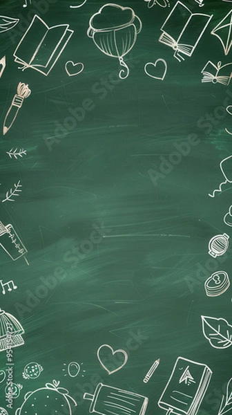 Obraz "Back to School" illustration with doodles of school supplies with a copyspace in the middle on a green chalkboard background..