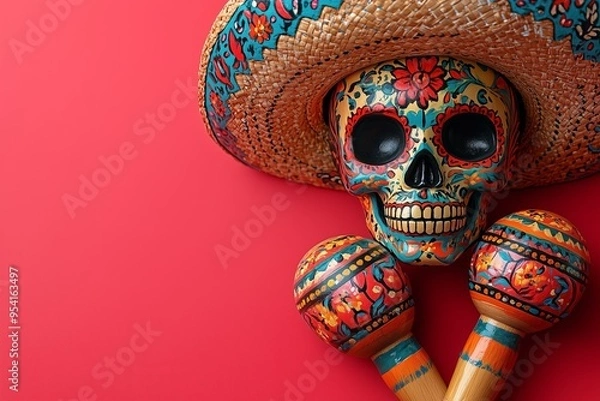 Fototapeta Painted human skull for Mexico's Day of the Dead (El Dia de Muertos) with sombrero and maracas on red background