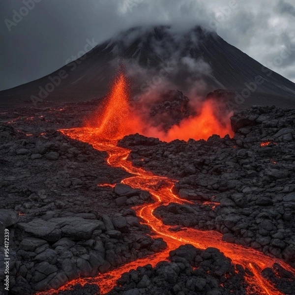 Fototapeta a large volcano that spews streams of magma lava AI generated