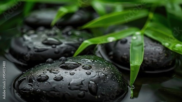 Fototapeta Close-up of smooth black stones covered in water droplets, partially submerged in water with green leaves in the background.
