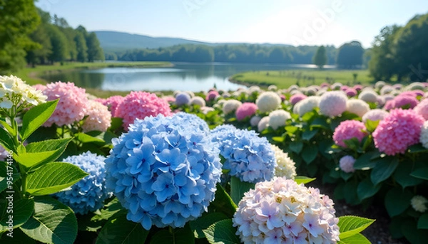 Fototapeta Hydrangea Field Overlooking Tranquil Lake