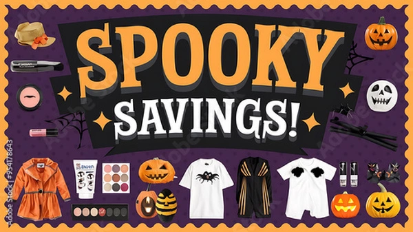 Fototapeta A vibrant orange and black Halloween themed collage with spooky savings for your next marketing campaign 
